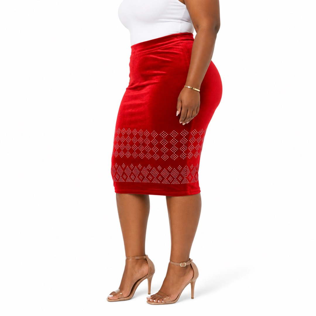 Red Velvet Pencil Skirt with Rhinestone Design